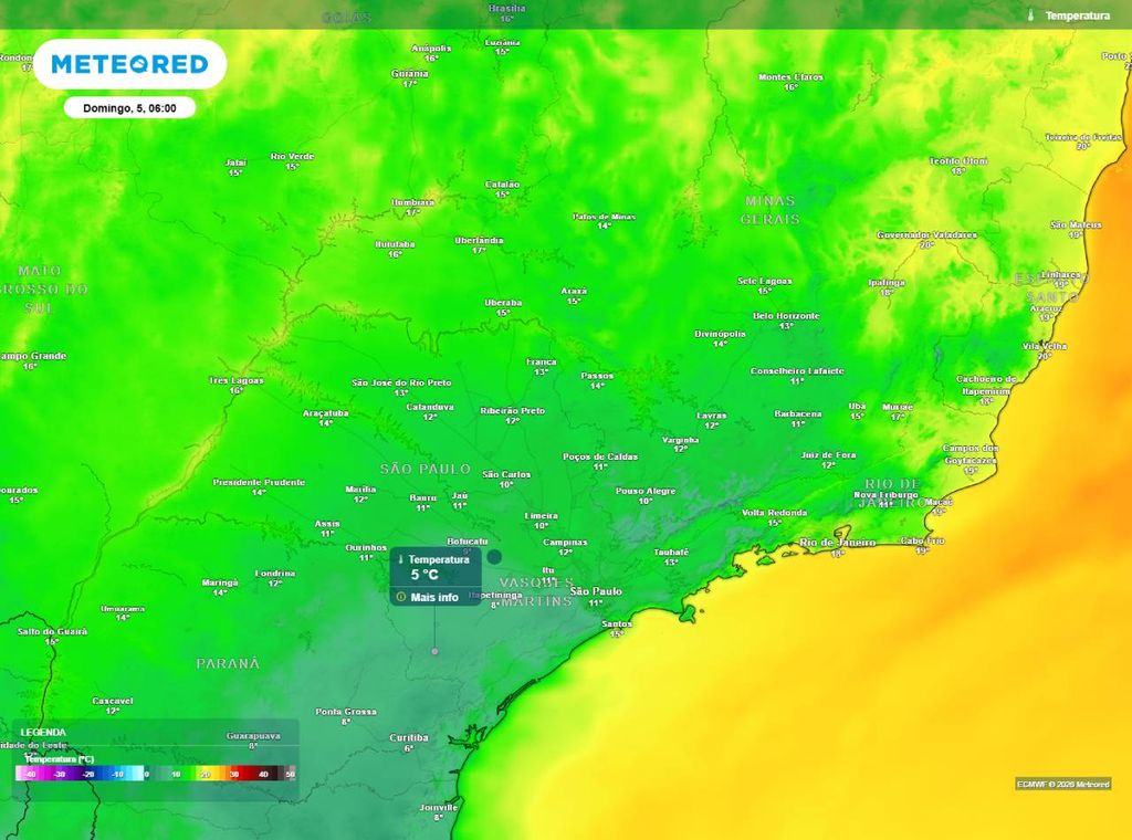 Previsão de temperatura mínima do ar (em °C) para o domingo (5), segundo o modelo europeu ECMWF.