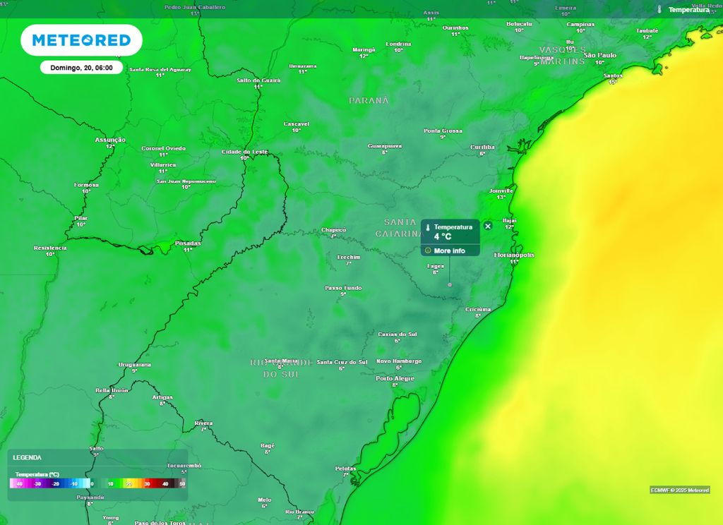 Temperatura mínima prevista para a Região Sul do Brasil na manhã de domingo (20). Temperatura mínima prevista para a Região Sul do Brasil na manhã de domingo (20).