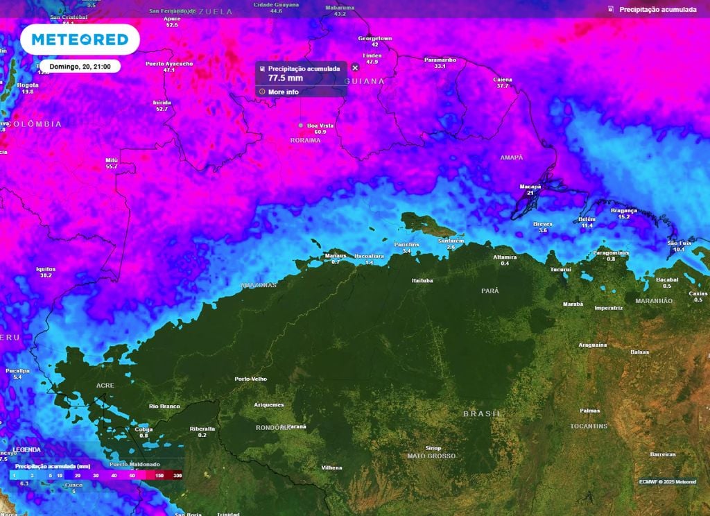 Previsão do acumulado de chuva entre a sexta-feira (18) e domingo (20). Previsão do acumulado de chuva entre a sexta-feira (18) e domingo (20).