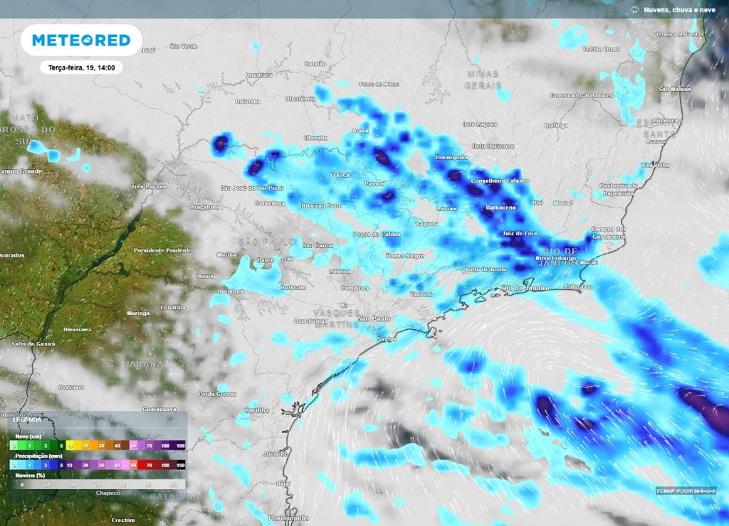 Previsão de precipitação (em mm) e nebulosidade para terça-feira (19) às 14h, segundo o modelo europeu ECMWF.