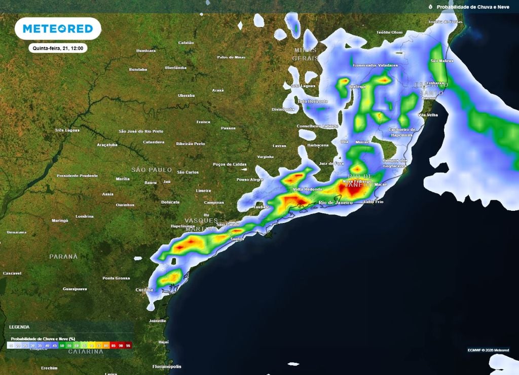 Previsão da probabilidade de precipitação (%) para quinta-feira (21) às 12h, segundo o modelo europeu ECMWF.