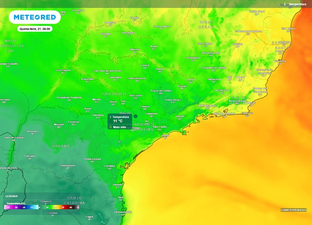 Previsão da temperatura mínima do ar (em °C) para quinta-feira (21) às 6h, segundo o modelo europeu ECMWF.
