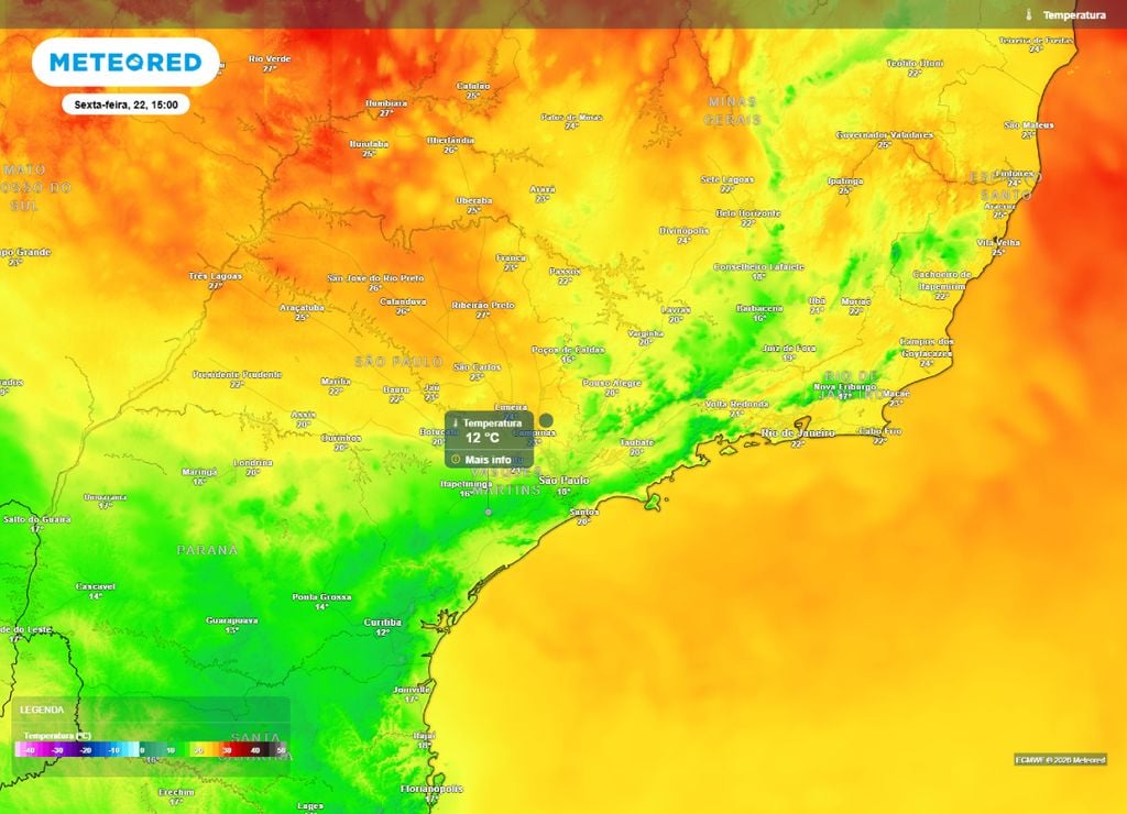 Previsão da temperatura máxima do ar (em °C) para sexta-feira (22) às 15h, segundo o modelo europeu ECMWF.