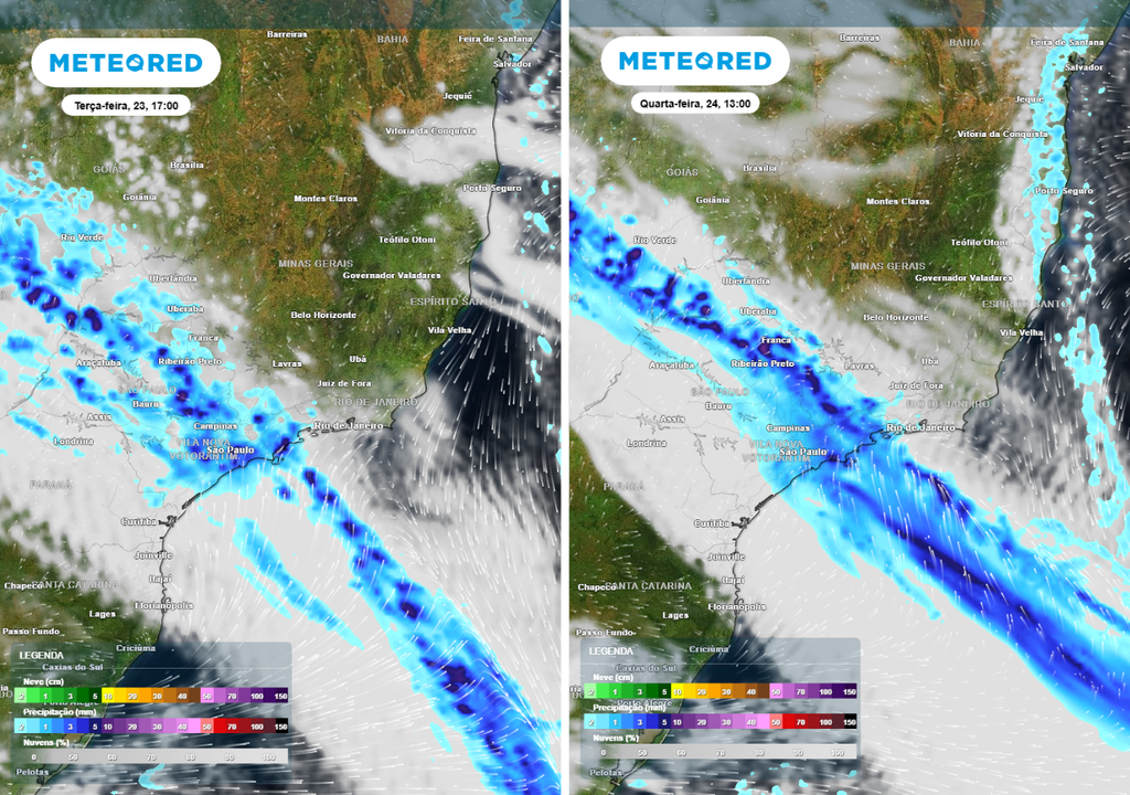 Previsão de precipitação (em mm) e nebulosidade para terça-feira (23) às 17h à esquerda e para quarta-feira (24) às 13h à direita, segundo o modelo europeu ECMWF.