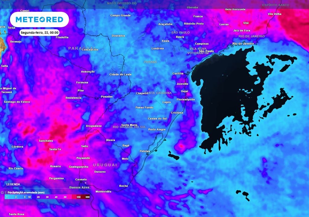 Previsão de acumulados totais de chuva até o final do domingo na região Sul ilustra quais regiões e estados serão mais ou menos afetados pela chuva ao longo deste final de semana.