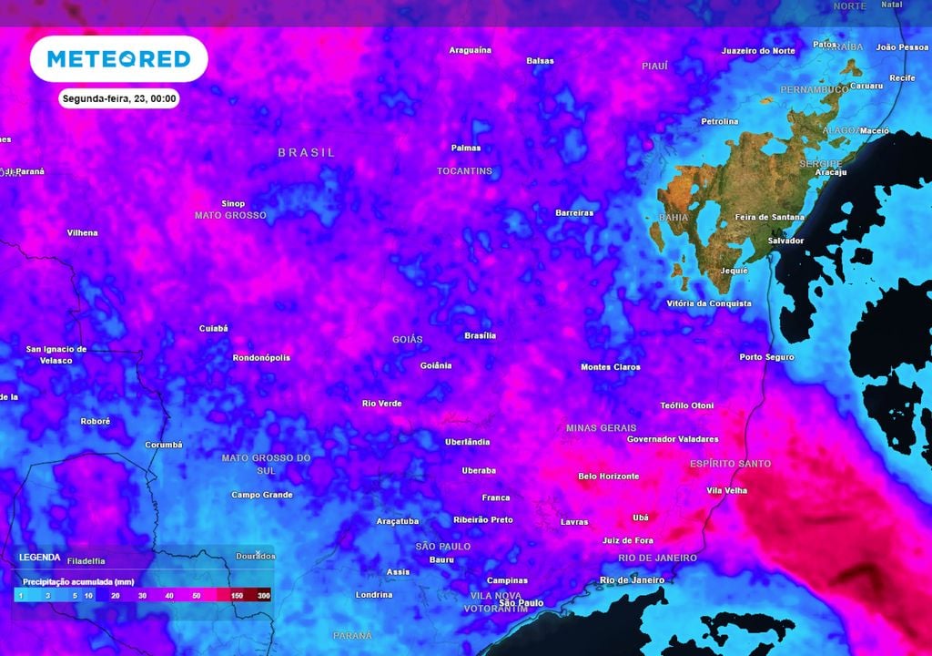 Previsão de acumulados totais de chuva até o final do domingo na região Sudeste ilustra quais áreas e estados serão mais ou menos afetadas pela chuva ao longo deste final de semana.