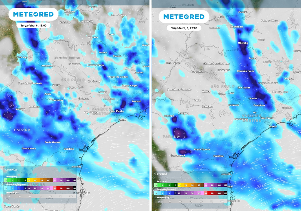 Previsão de chuva (mm) e nebulosidade (tons cinzas) para terça-feira (6) às 16h à esquerda e às 22h à direita, segundo o modelo europeu ECMWF.