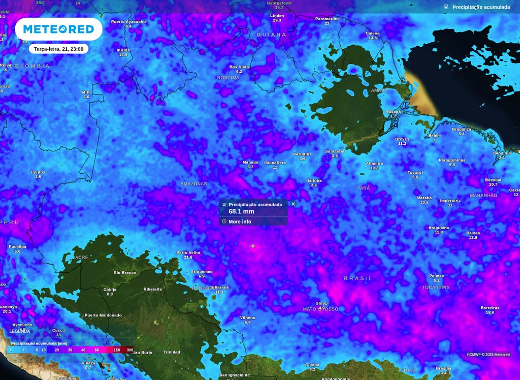 Volume de precipitação acumulado para esta terça-feira (21), de acordo com o modelo ECMWF. Volume de precipitação acumulado para esta terça-feira (21), de acordo com o modelo ECMWF.