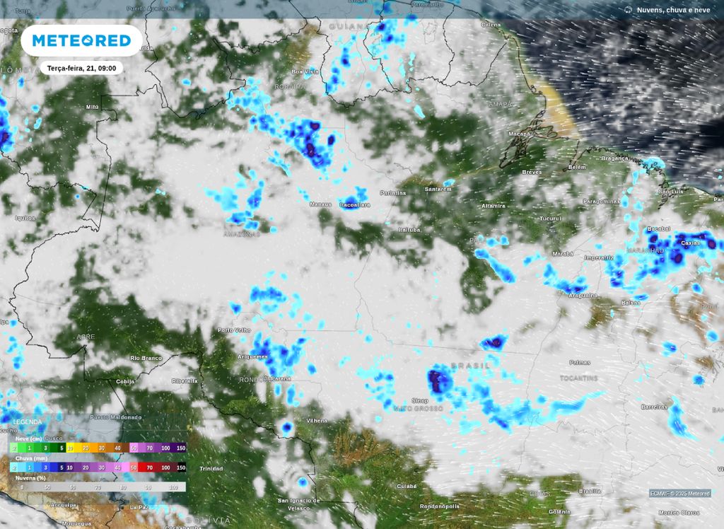 Previsão de nebulosidade, chuva e vento sobre a Região Norte do país na manhã de terça (21). Previsão de nebulosidade, chuva e vento sobre a Região Norte do país na manhã de terça (21).
