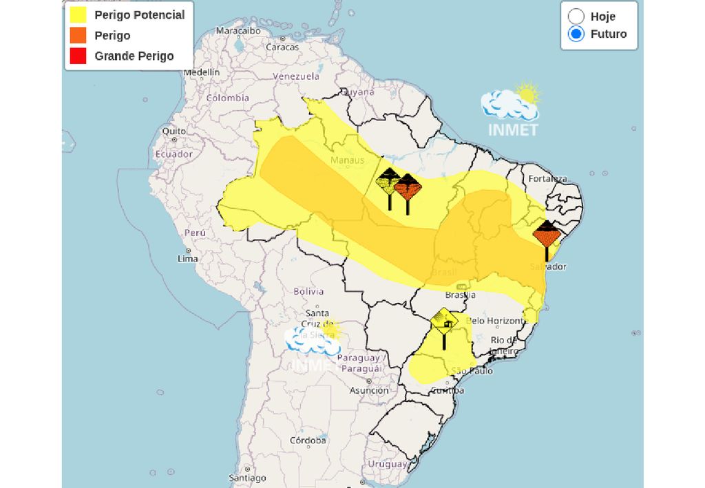 Mapa de alertas do INMET para esta terça-feira (21). Mapa de alertas do INMET para esta terça-feira (21).