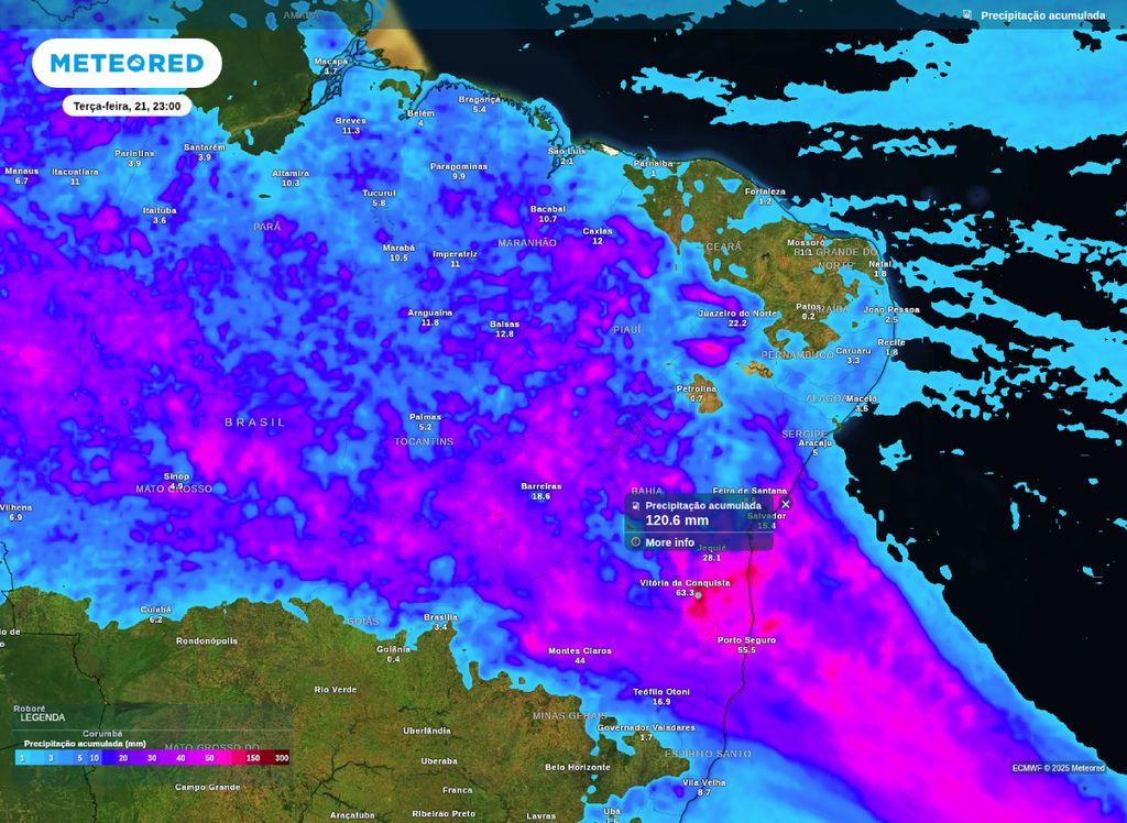 Volume de precipitação acumulado para esta terça-feira (21), de acordo com o modelo ECMWF. Volume de precipitação acumulado para esta terça-feira (21), de acordo com o modelo ECMWF.