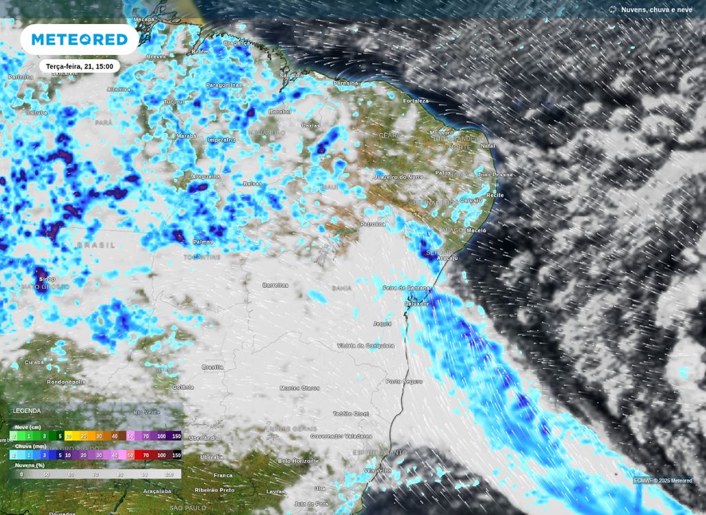 Previsão de nebulosidade, chuva e vento sobre a Região Nordeste do país nesta terça (21). Previsão de nebulosidade, chuva e vento sobre a Região Nordeste do país nesta terça (21).