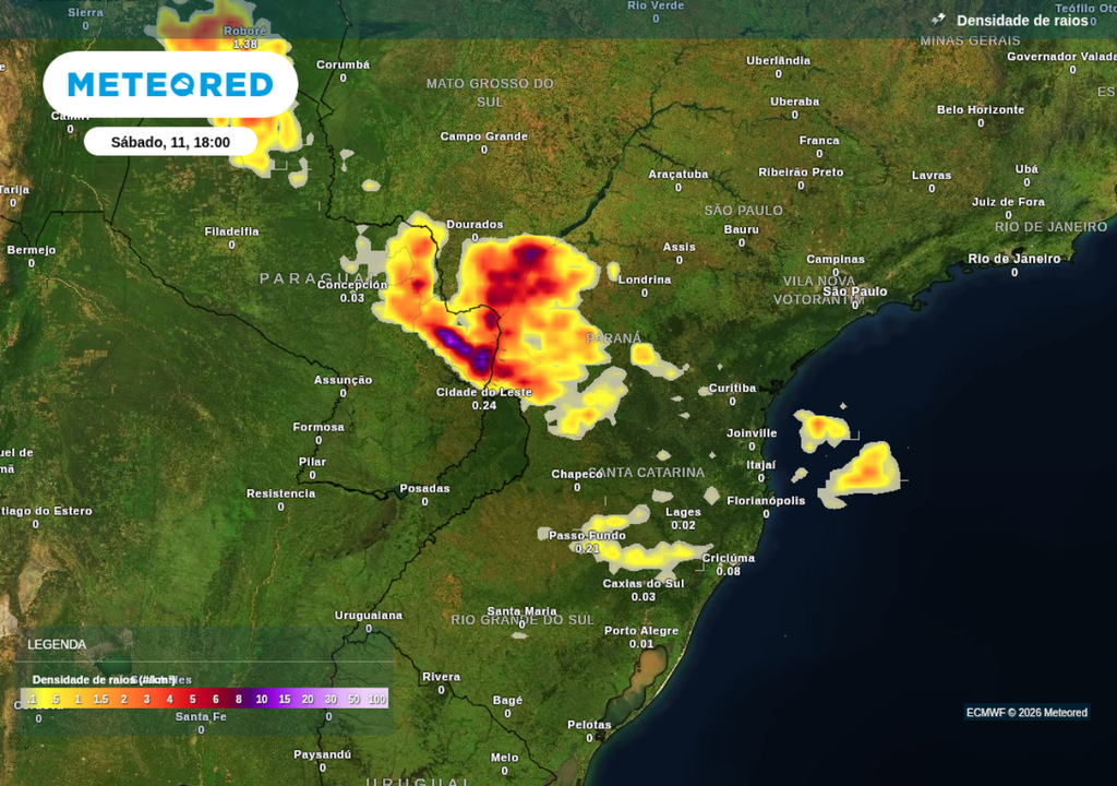 Previsão de tempestades para sábado (11), segundo o ECMWF. Previsão de tempestades para sábado (11), segundo o ECMWF.