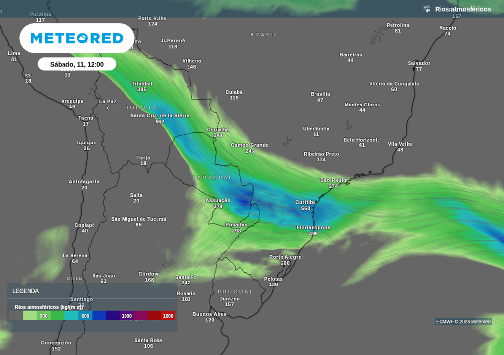 Previsão de rio atmosférico para sábado (11), segundo o ECMWF. Previsão de rio atmosférico para sábado (11), segundo o ECMWF.