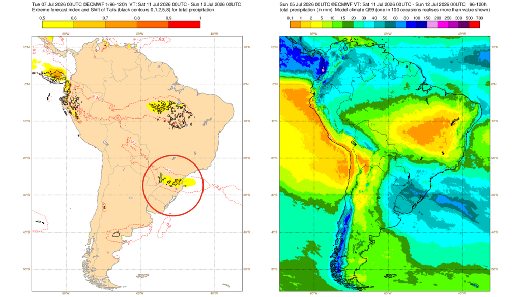 EFI do modelo ECMWF para a precipitação neste sábado (11). Créditos: ECMWF. EFI do modelo ECMWF para a precipitação neste sábado (11). Créditos: ECMWF.