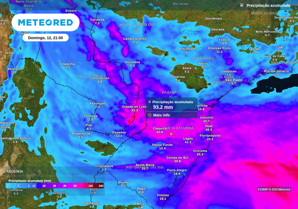 Previsão de chuva acumulada até o final de domingo (12), segundo o ECMWF. Previsão de chuva acumulada até o final de domingo (12), segundo o ECMWF.