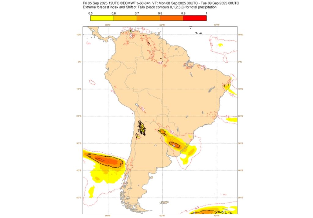EFI do ECMWF para a precipitação nesta segunda-feira (8). Créditos: Adaptado de ECMWF.