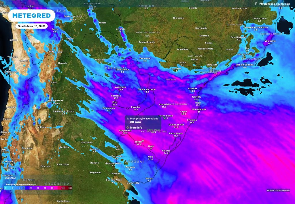 Previsão de chuva acumulada até o fim da terça-feira (9), de acordo com o ECMWF.