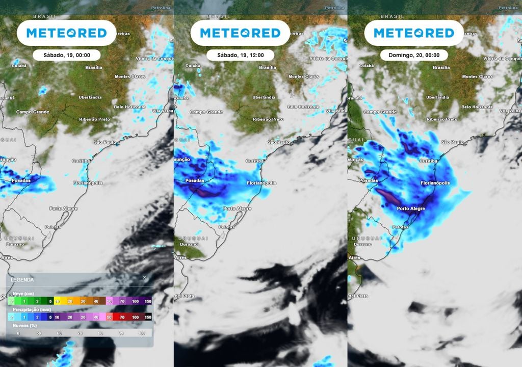 Previsão de nebulosidade e chuva no Sábado às 00h, 12h e 24h. Previsão de nebulosidade e chuva no Sábado às 00h, 12h e 24h mostra a evolução do fenômeno ao longo do dia, causando pancadas de chuva em estados como RS, SC, PR, MS e SP.