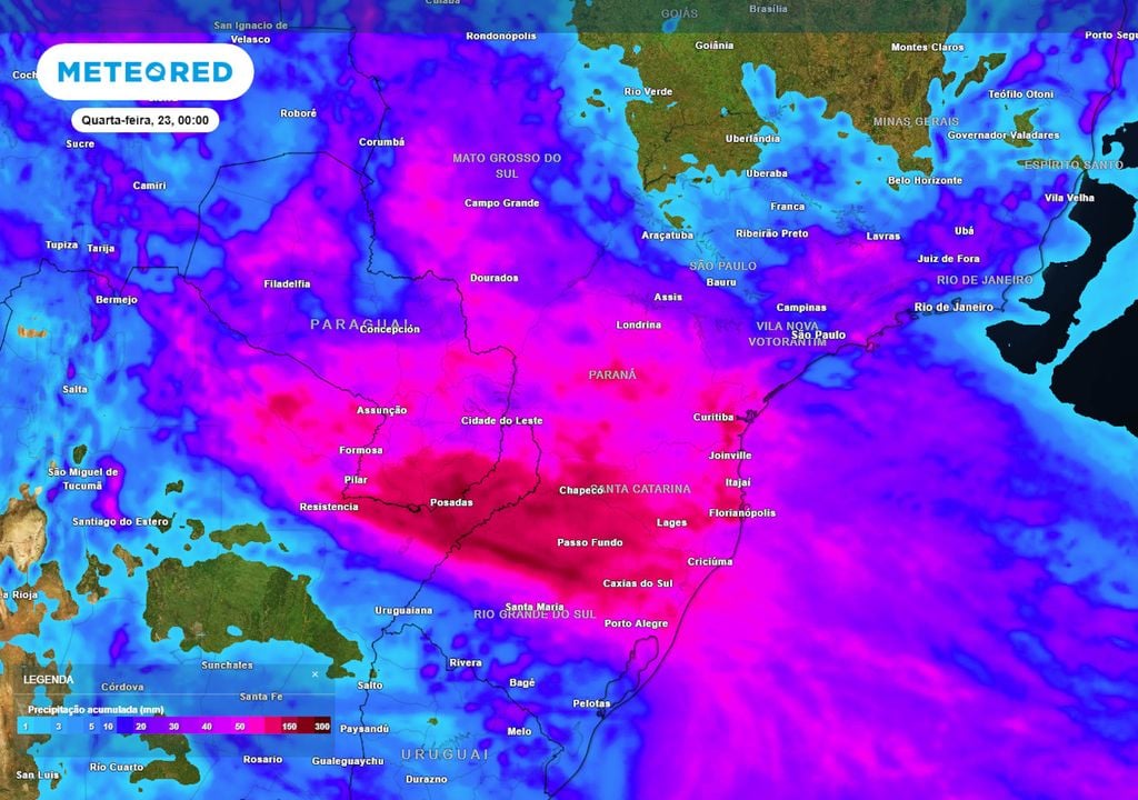 Previsão de acumulados totais de chuva até o final da próxima terça-feira. Previsão de acumulados totais de chuva até o final da próxima terça-feira mostra que os volumes chegam a até 200 mm na região Sul, o que pode causar grandes transtornos.