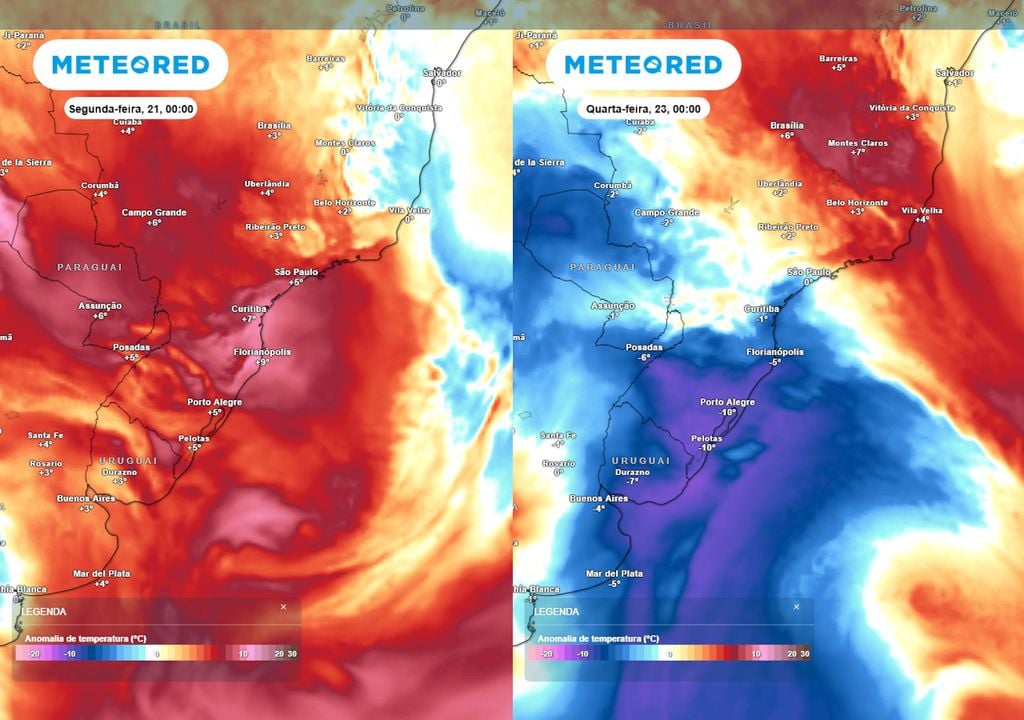 Previsão de anomalias de temperatura em 850 hPa na segunda-feira (esquerda) e quarta-feira (direita) mostra que a massa de ar quente deixará de atuar, dando espaço ao ar frio. Previsão de anomalias de temperatura em 850 hPa na segunda-feira (esquerda) e quarta-feira (direita) mostra que a massa de ar quente deixará de atuar, dando espaço ao ar frio.
