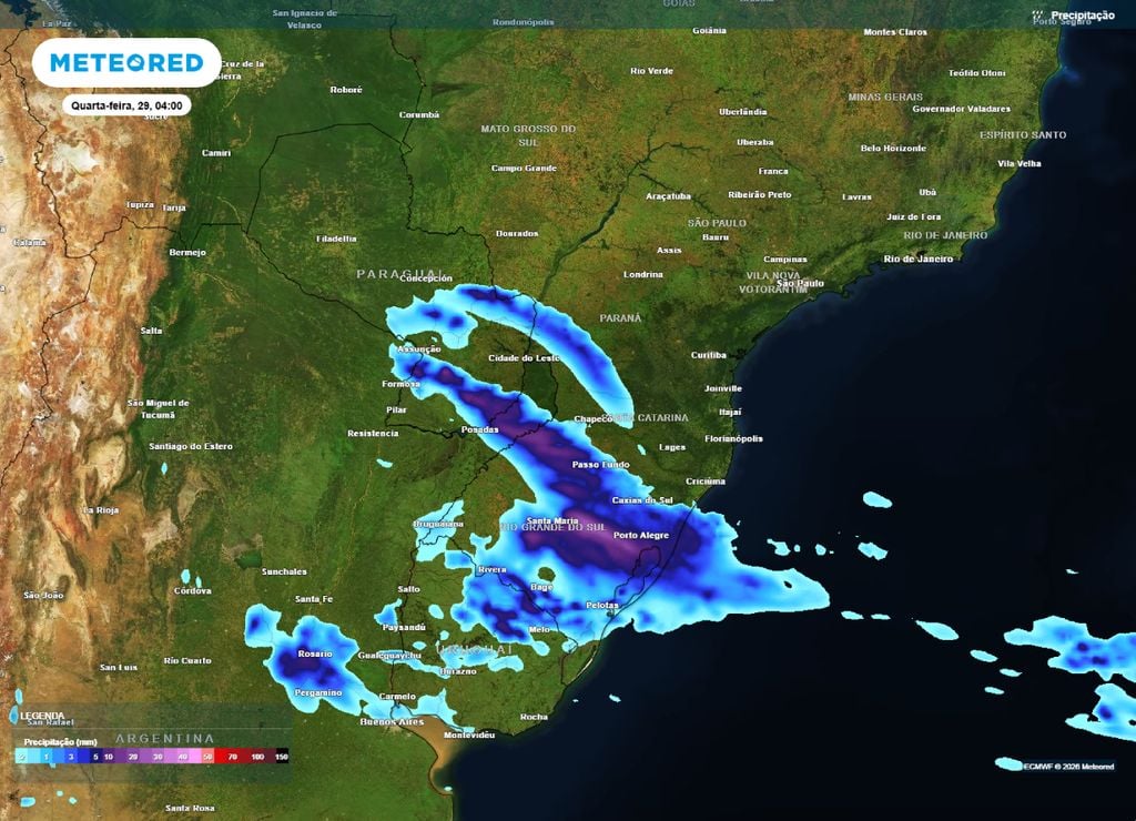 tempo severo Previsão de chuva para a madrugada da quarta-feira, 29 de julho.
