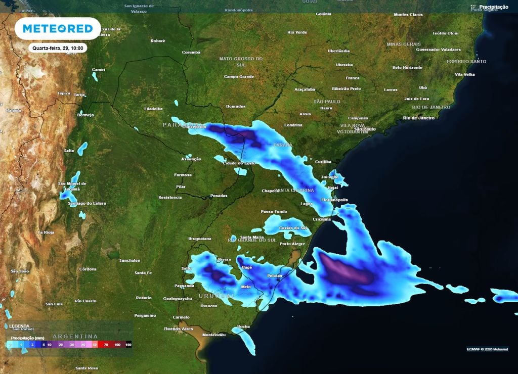 frente fria e ciclone Previsão de chuva para a manhã da quarta-feira, 29 de julho.