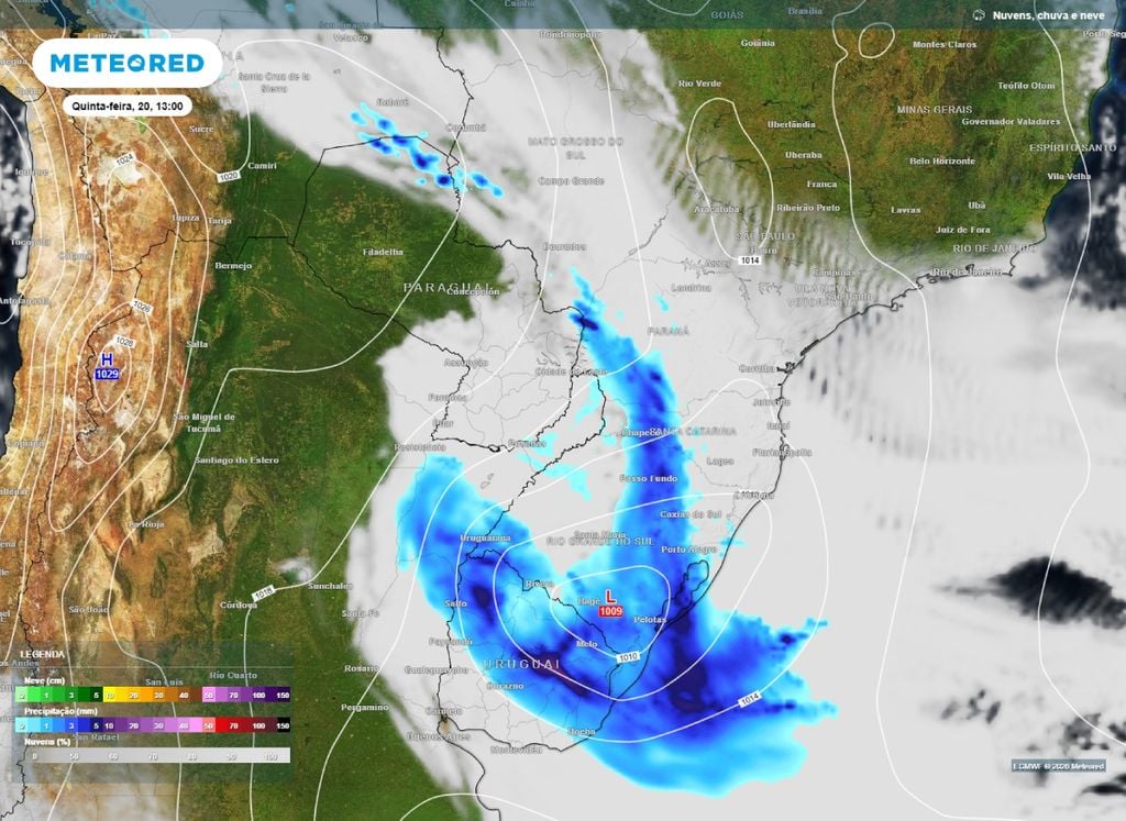 Previsão de chuva para o início da tarde desta quinta-feira (20). O mapa mostra o ciclone já formado e sua frente fria.