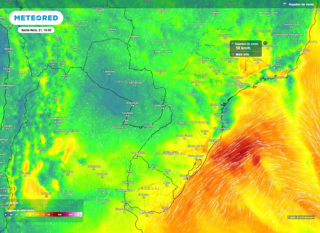 Ventos superam os 55 km/h no Sudeste na tarde de sexta-feira (21).