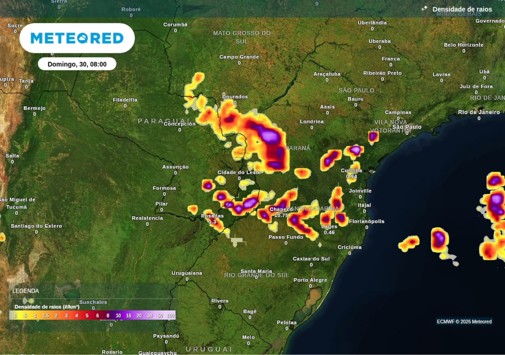 Previsão de tempestades intensas neste domingo (30), segundo o ECMWF. Previsão de tempestades intensas neste domingo (30), segundo o ECMWF.