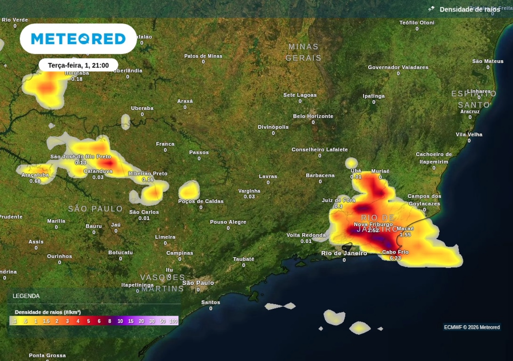 Previsão de tempestades na noite de terça-feira (1), segundo o ECMWF. Previsão de tempestades na noite de terça-feira (1), segundo o ECMWF.