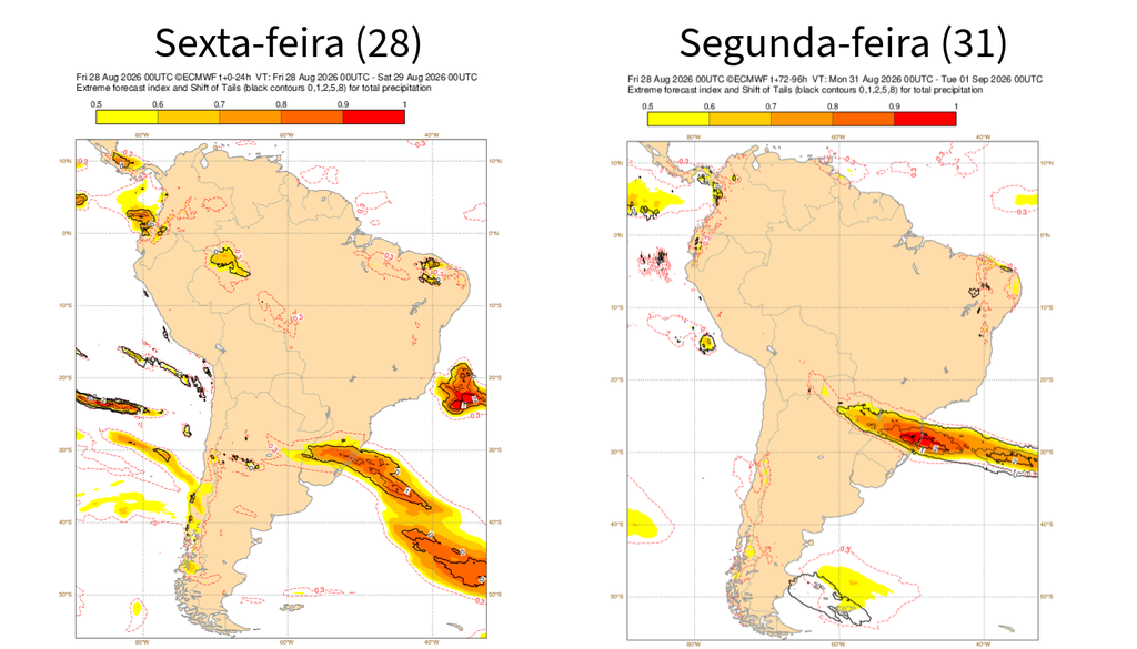EFI do modelo ECMWF para precipitação entre sexta (28) e segunda-feira (31). Créditos: Meteored/ECMWF. EFI do modelo ECMWF para precipitação entre sexta (28) e segunda-feira (31). Créditos: Meteored/ECMWF.