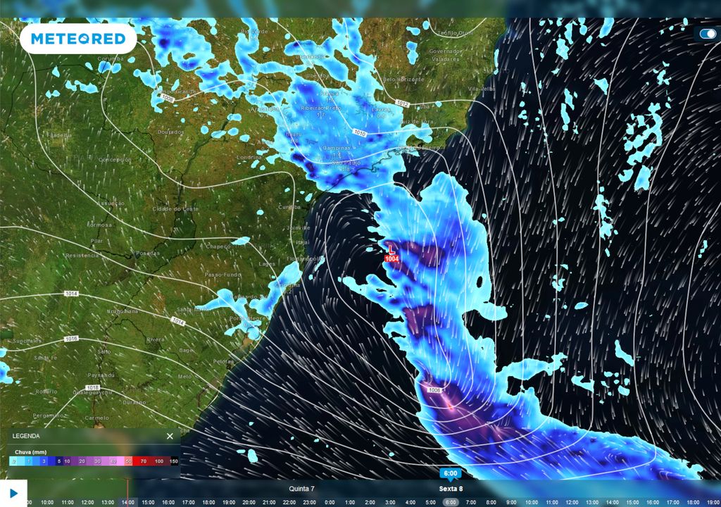 Previsão de chuva, vento e pressão atmosférica na sexta-feira durante a manhã.