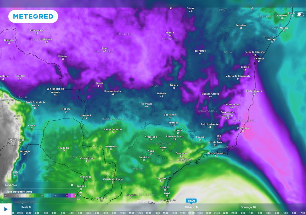 Previsão de água precipitável no sábado durante a tarde.