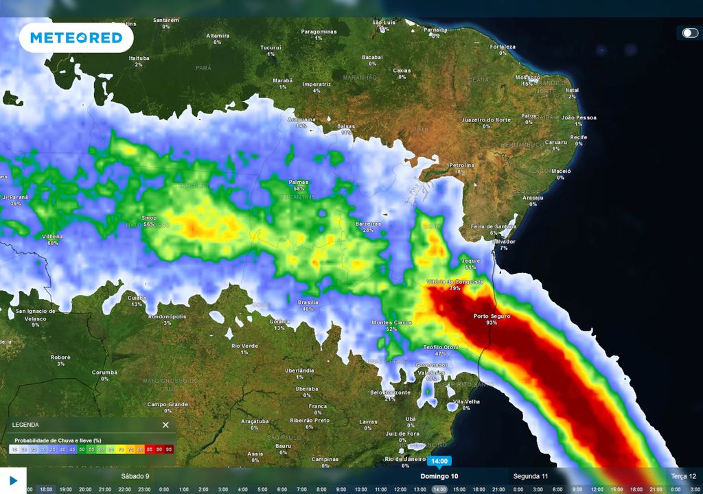Previsão de probabilidade de chuva no domingo durante a tarde.