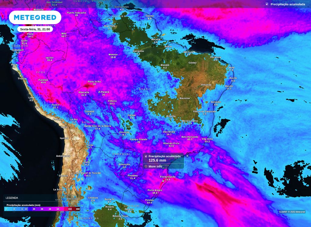 Precipitação acumulada prevista entre quarta (29) e sexta-feira (31).