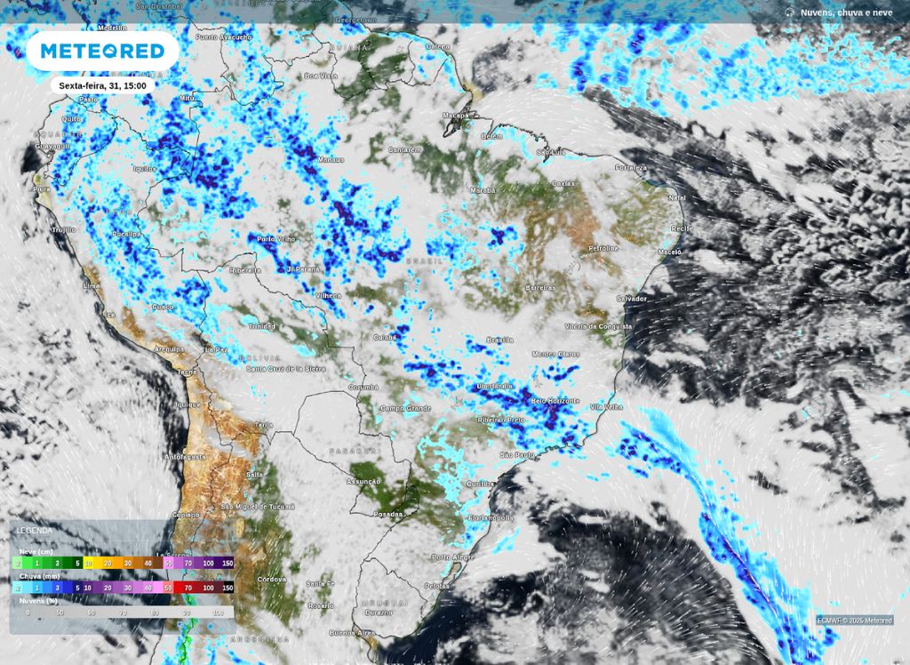 Mapa re precipitação prevista para a tarde de sexta-feira (31).