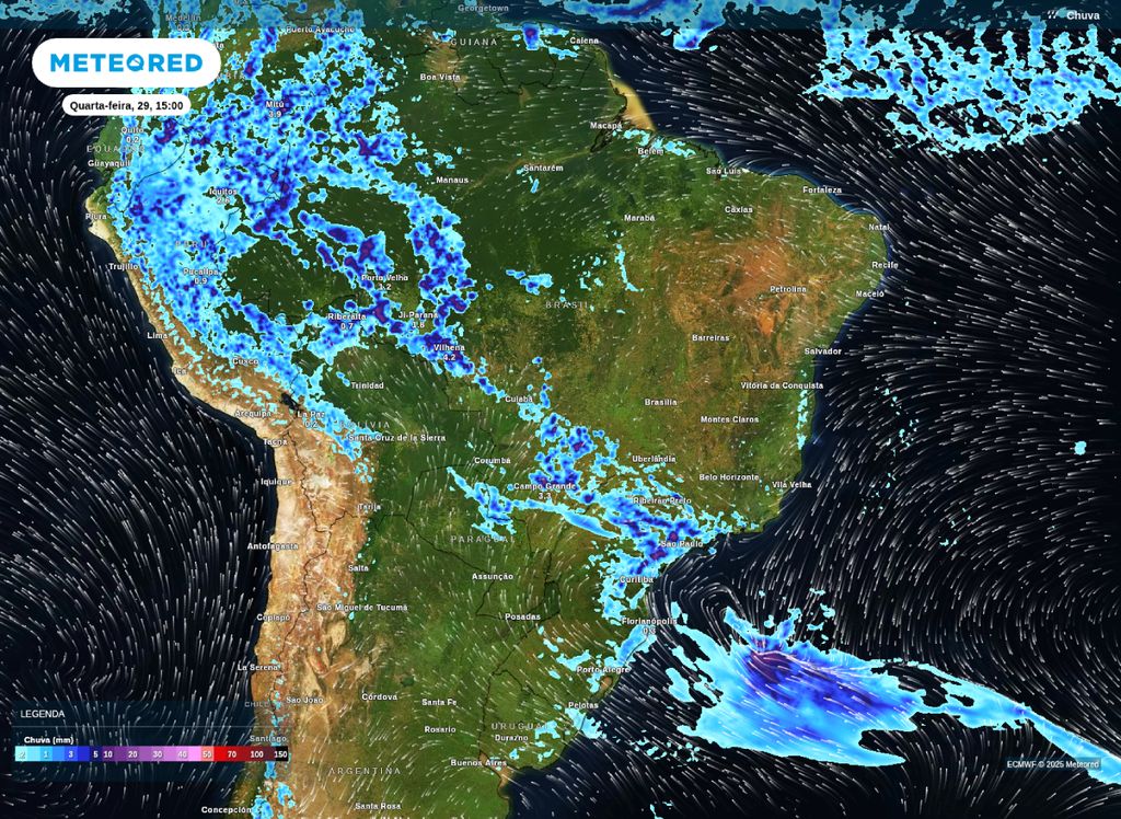 Precipitação prevista para a tarde desta quarta-feira (29).
