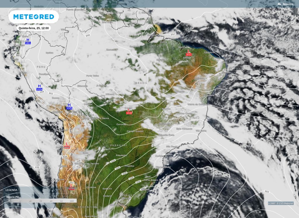 Previsão de nebulosidade sobre o Brasil nesta quinta-feira (25)..