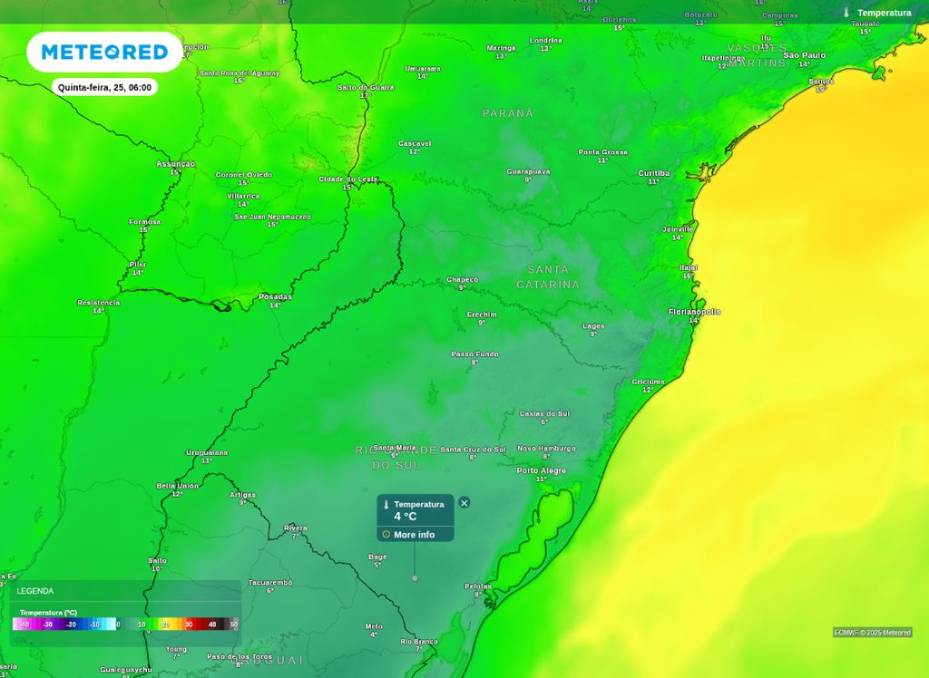 Temperatura prevista para a manhã de quinta-feira (25), sobre o Sul do Brasil.