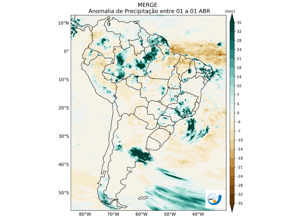 Anomalia de precipitação no dia 1° de abril de 2026. Créditos: CPTEC/INPE.