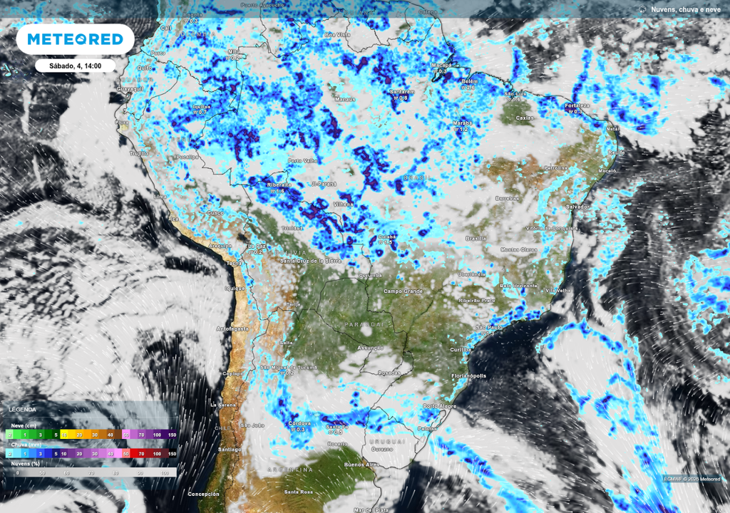 Previsão de chuva no sábado (4), de acordo com o ECMWF.