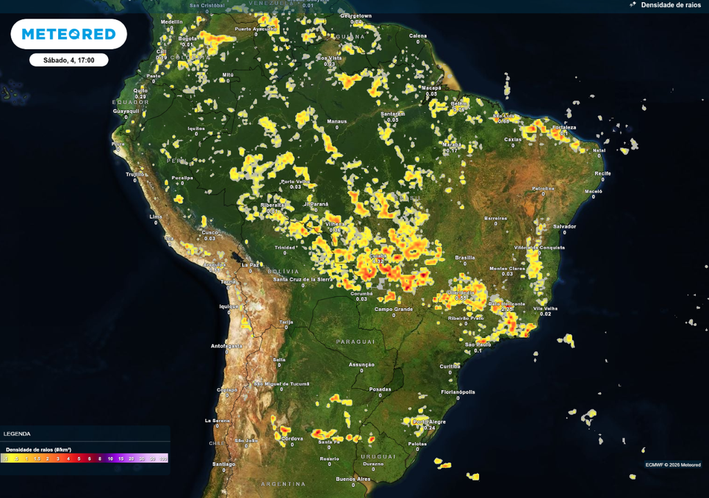 Previsão de tempestades neste sábado (4), de acordo com o ECMWF.