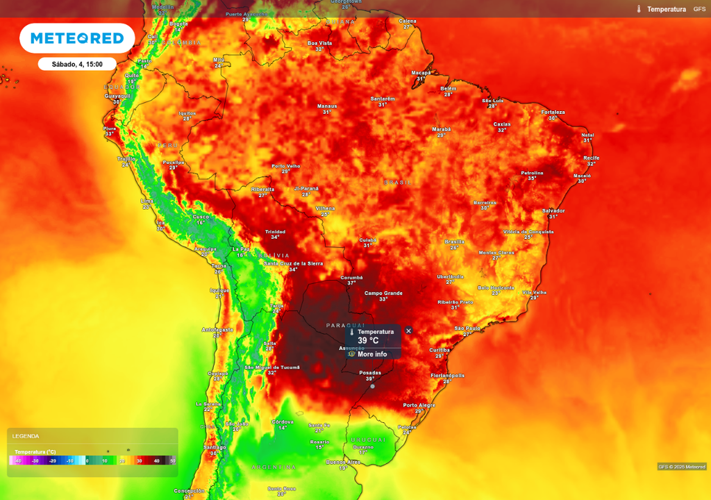 Previsão de temperatura neste sábado (4), de acordo com o ECMWF.
