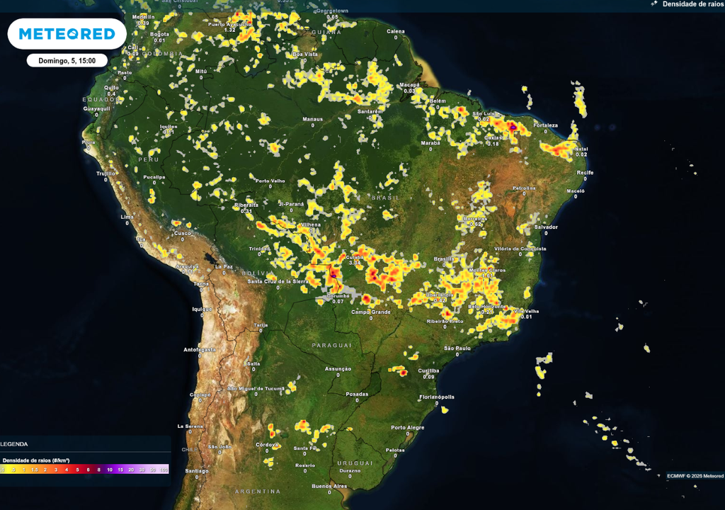Previsão de tempestades neste domingo (5), de acordo com o ECMWF.