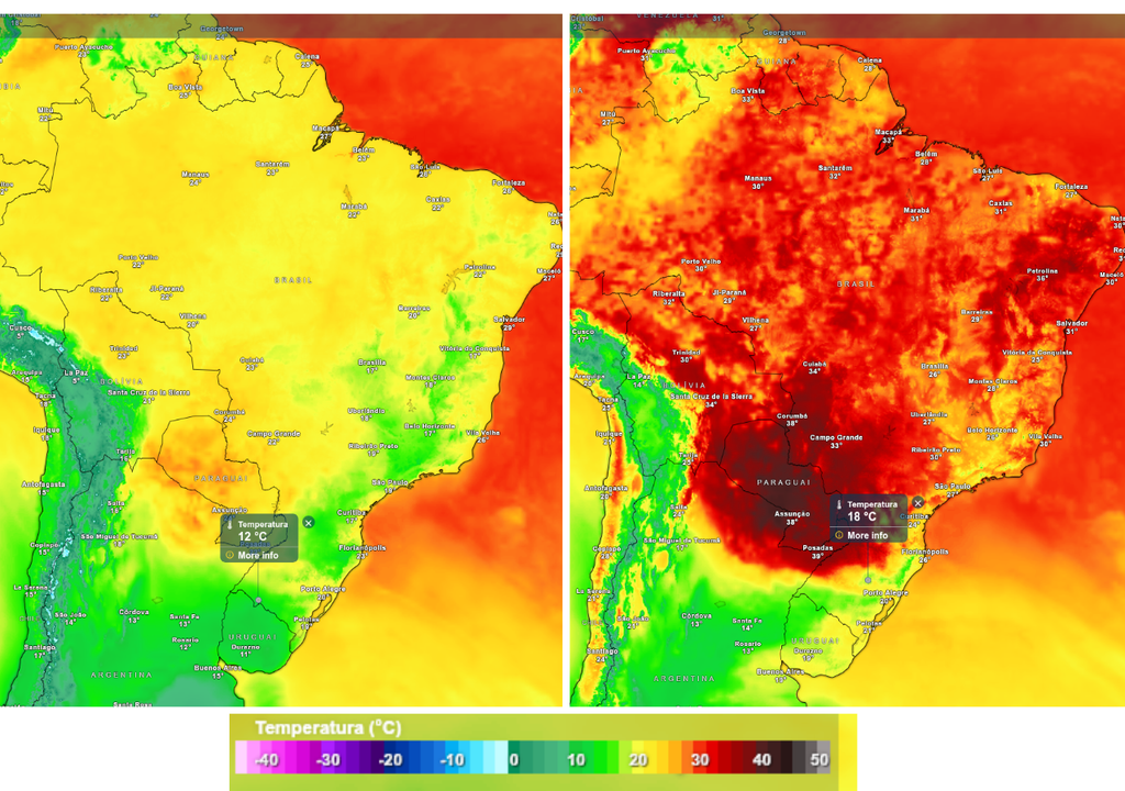 Previsão de temperatura mínima (esquerda) e máxima (direita) no domingo (5), de acordo com o GSF.