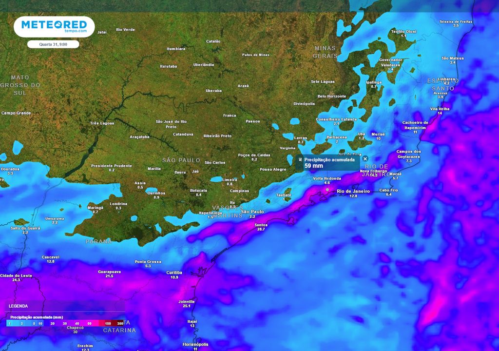 Previsão de chuva acumulada até a próxima quarta-feira.