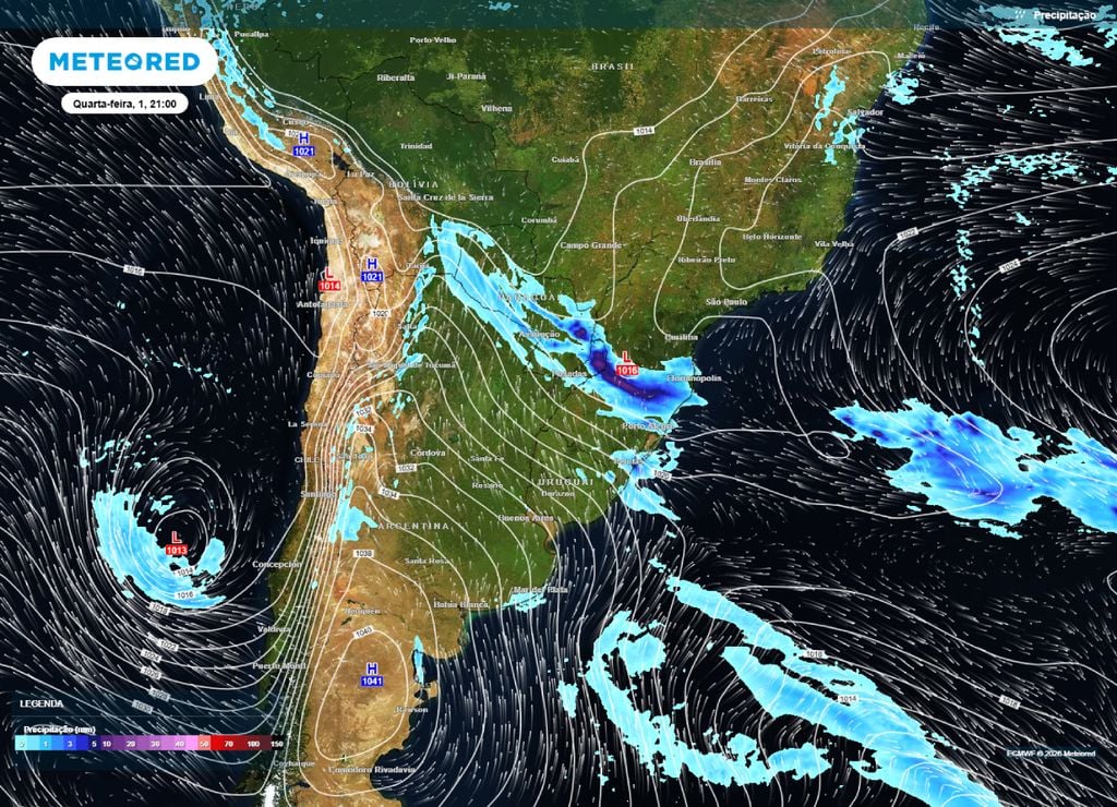 Frente fria traz chuvas intensas no Sul do Brasil e ar polar já começa a afetar o Rio Grande do Sul na noite de quarta-feira, 1 de julho.