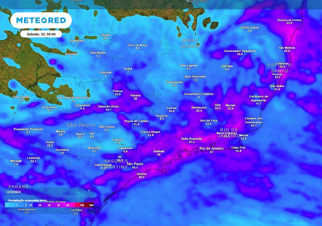 Previsão de acumulados totais de chuva até o final da sexta-feira. Previsão de acumulados totais de chuva até o final da sexta-feira mostra que ainda há risco de chuvas de até 50 mm nos próximos dias, o que causa pequenos transtornos em SP, RJ e ES.