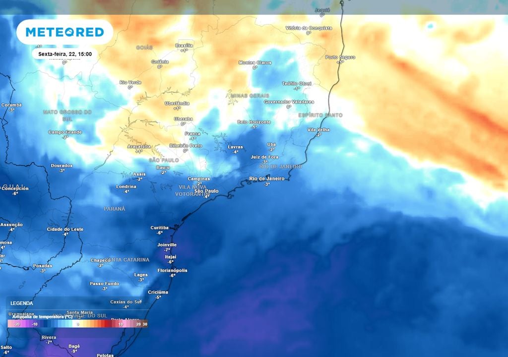 Previsão de anomalias de temperatura em 850 hPa nesta sexta-feira de tarde. Previsão de anomalias de temperatura em 850 hPa nesta sexta-feira de tarde mostra a abrangência da massa de ar frio, que fará as temperaturas caírem em SP, RJ, sul de MG e sul do ES.